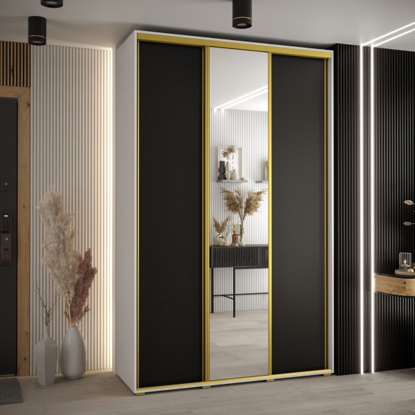 Szafa CANNES 3 -160 45 cm głebokość. Korpus biały, front czarne ,lustro i złota listwa