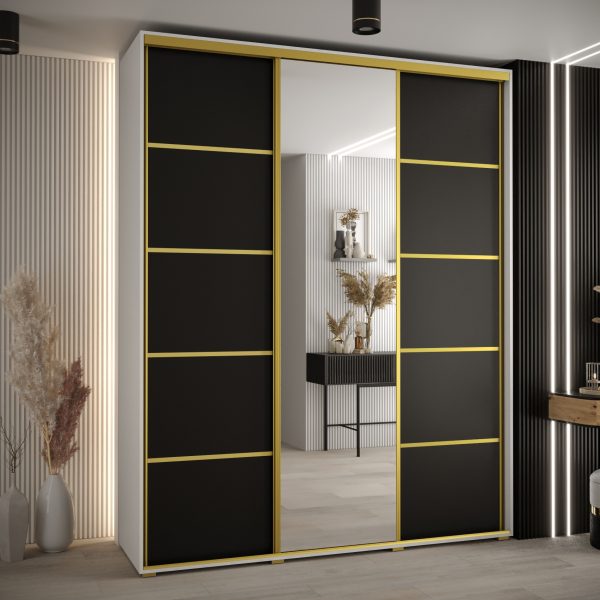 Szafa CANNES 5-200 szerokość 45 cm. Korpus biały , front czarny listwa złota i lustro