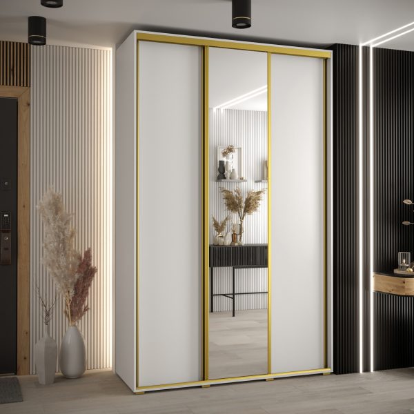 Szafa CANNES 3 -160 45 cm głebokość. Korpus biały, front biały ,lustro i złota listwa