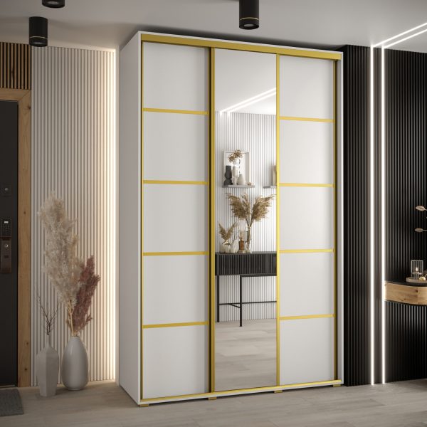 Szafa CANNES 5-150 szerokość 45 cm. Korpus biały , front biały listwa złota i lustro