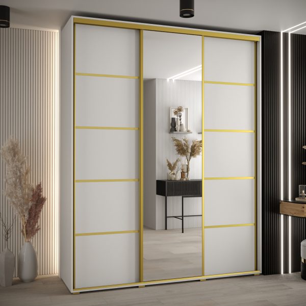 Szafa CANNES 5-200 szerokość 45 cm. Korpus biały , front biały listwa złota i lustro
