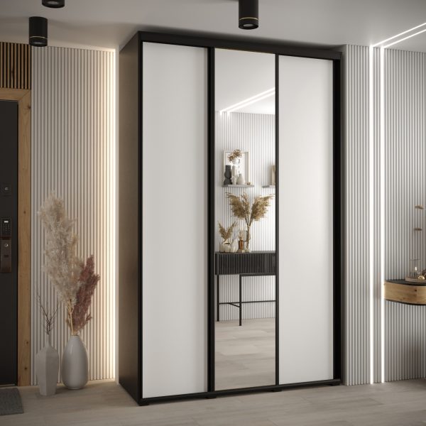 Szafa CANNES 3 -160 45 cm głebokość. Korpus czarny, front białe ,lustro i czarna listwa