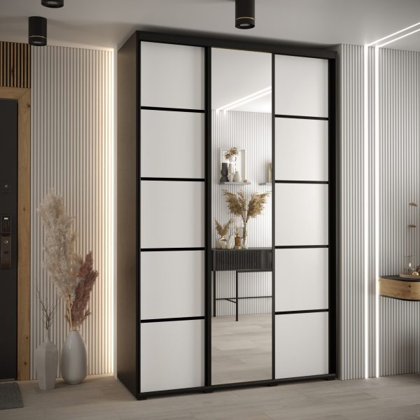 Szafa CANNES 5-160 szerokość 45 cm. Korpus czarny , front biały listwa czarna i lustro