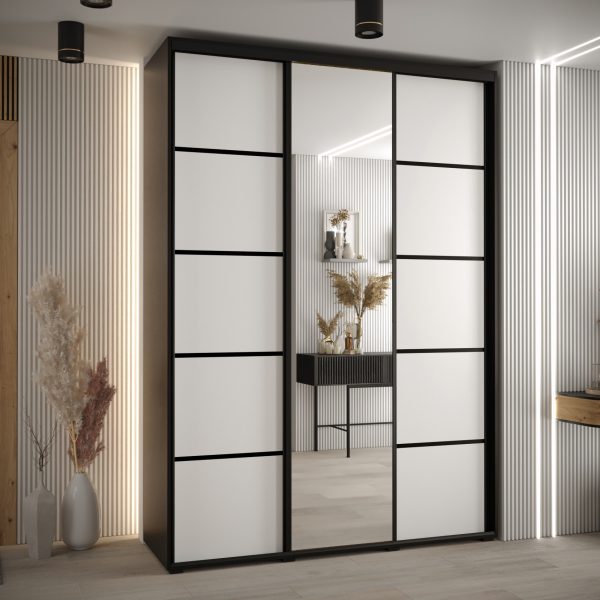 Szafa CANNES 5-170 szerokość 45 cm. Korpus czarny , front biały listwa czarna i lustro