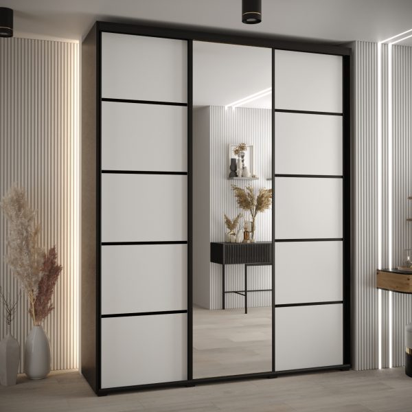 Szafa CANNES 5-200 szerokość 45 cm. Korpus czarny , front biały listwa czarna i lustro