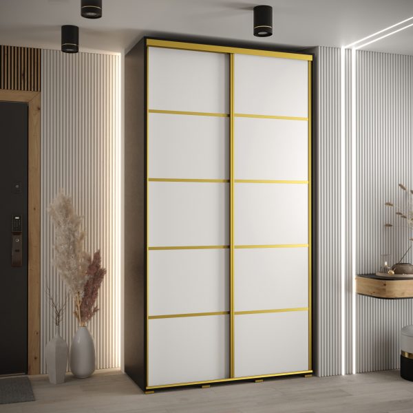 Szafa CANNES 4- 130 szerokość 45 cm. Korpus czarny , front biały listwa złota