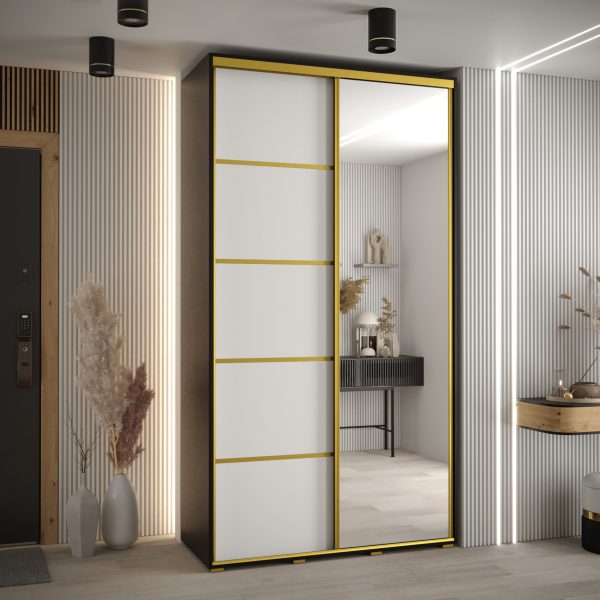Szafa CANNES 5- 130 szerokość 45 cm. Korpus czarny , front biały listwa złota i lustro