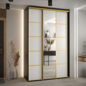 Szafa CANNES 5- 160 szerokość 45 cm. Korpus czarny , front biały listwa złota i lustro