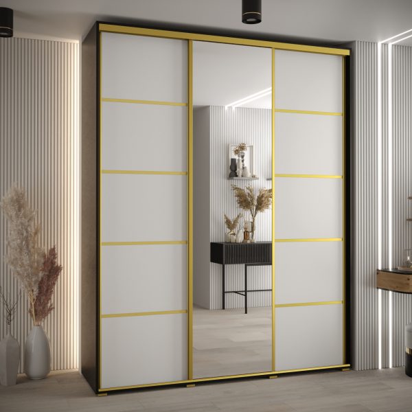 Szafa CANNES 5- 200 szerokość 45 cm. Korpus czarny , front biały listwa złota i lustro