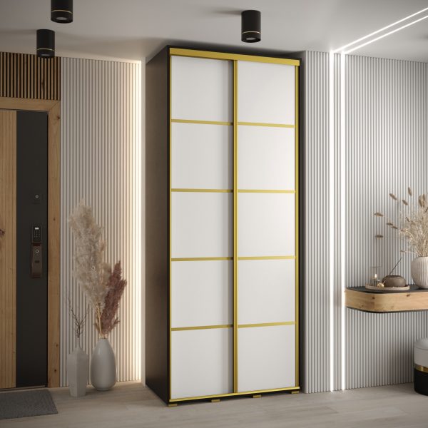 Szafa CANNES 4- 120 szerokość 45 cm. Korpus czarny , front biały listwa złota