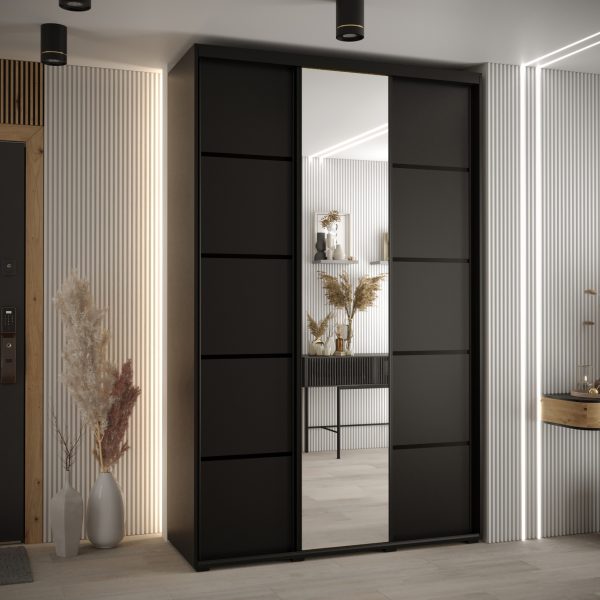 Szafa CANNES 5-150 szerokość 45 cm. Korpus czarny , front czarny listwa czarna i lustro