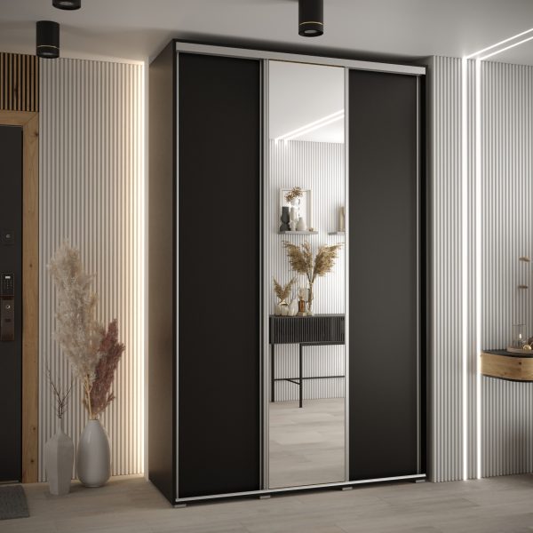 Szafa CANNES 3 -160 45 cm głebokość. Korpus czarny, front czarne ,lustro i srebrna listwa