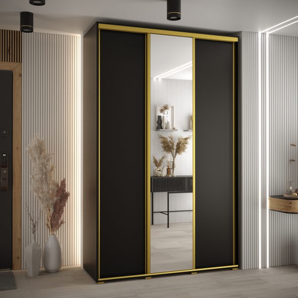 Szafa CANNES 3 -160 45 cm głebokość. Korpus czarny, front czarne ,lustro i złota listwa