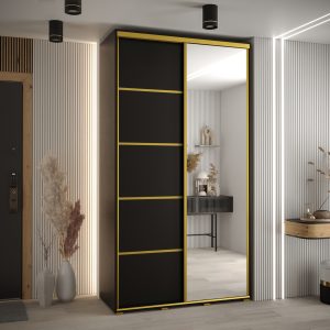 Szafa CANNES 5 -130 szerokość 45 cm. Korpus czarny , front czarny listwa złota i lustro