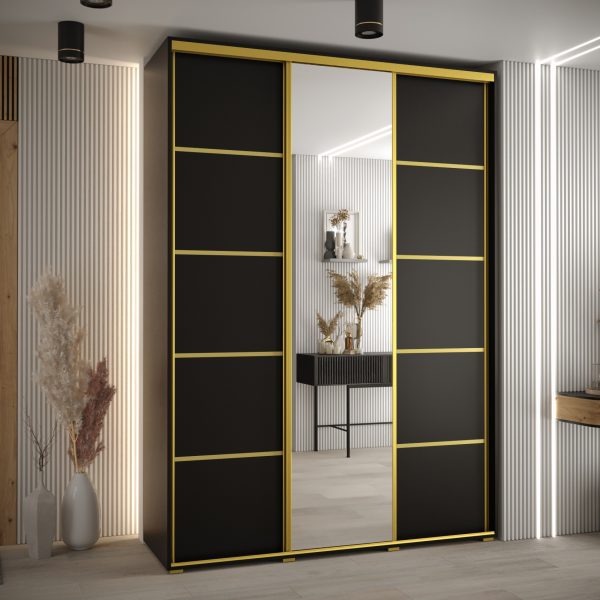 Szafa CANNES 5 -180 szerokość 45 cm. Korpus czarny , front czarny listwa złota i lustro