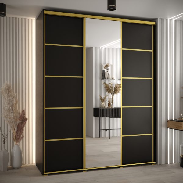 Szafa CANNES 5 -200 szerokość 45 cm. Korpus czarny , front czarny listwa złota i lustro