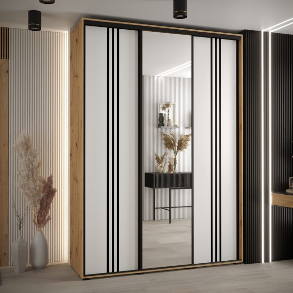 Szafa CANNES 7-180 szerokość 45cm korpus dab artisan Front biały listwa czarna i lustro