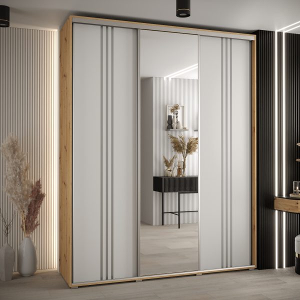 Szafa CANNES 7-200 szerokość 45cm korpus biały Front dąb artisan listwa srebrna i lustro