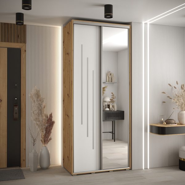 Kast CANNES 9-110 Breedte: 45 cm Korpus: artisan eiken Front: wit Lijst: zilverkleurig