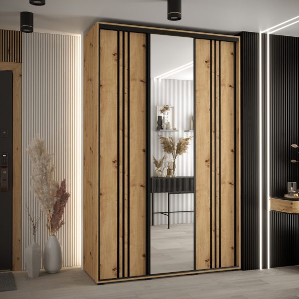 Szafa CANNES 7-150 szerokość 45cm korpus biały Front dąb artisan listwa czarnai lustro