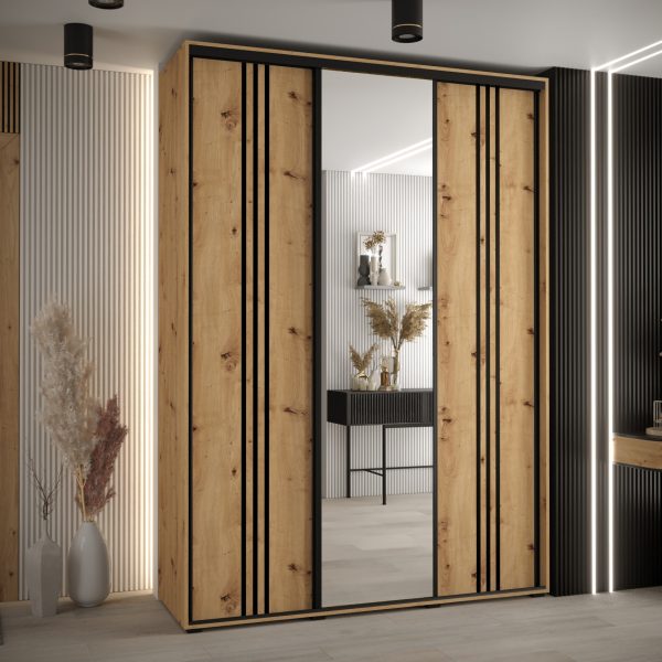 Szafa CANNES 7-180 szerokość 45cm korpus biały Front dąb artisan listwa czarna i lustro