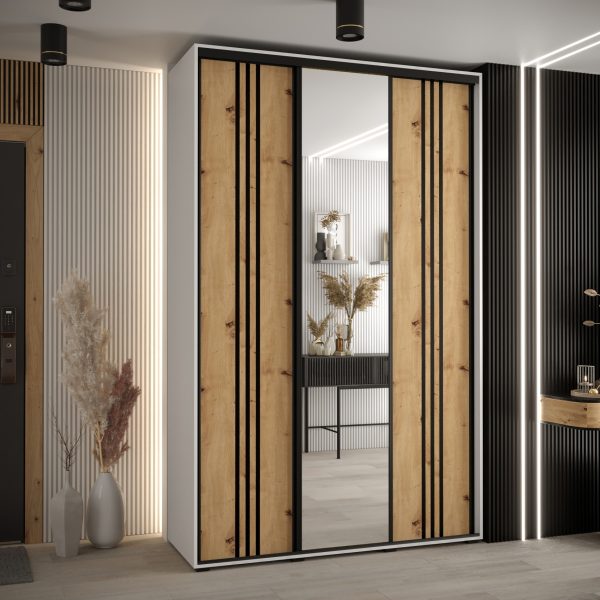 Szafa CANNES 7-150 szerokość 45cm korpus biały Front dąb artisan listwa czarna i lustro