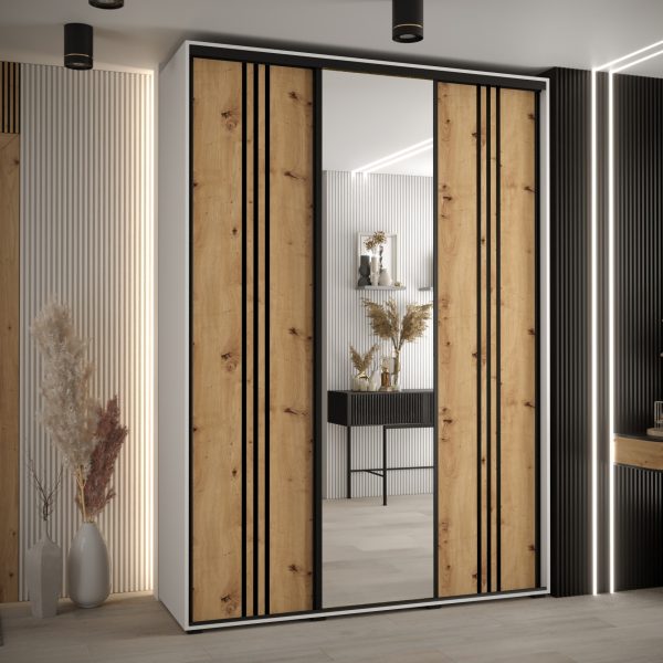 Szafa CANNES 7-170 szerokość 45cm korpus biały Front dąb artisan listwa czarna i lustro