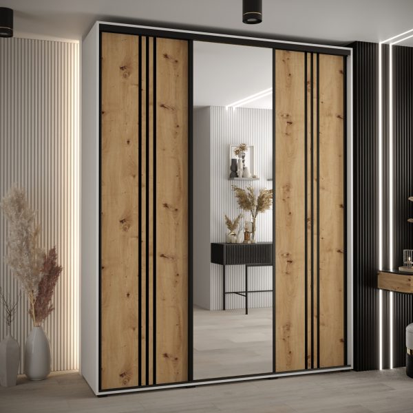 Szafa CANNES 7-190 szerokość 45cm korpus biały Front dąb artisan listwa czarna i lustro