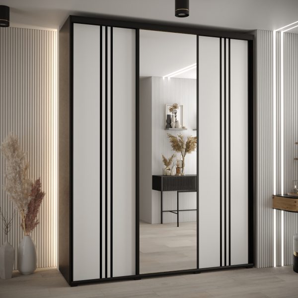 Szafa CANNES 7-190 szerokość 45cm korpus czarny Front biały listwa czarna i lustro