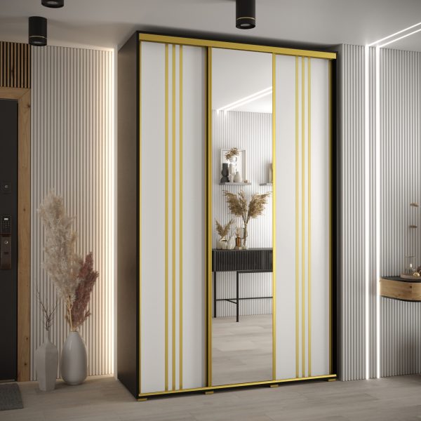Szafa CANNES 7-160 szerokość 45cm korpus czarny, Front biały listwa złota i lustro