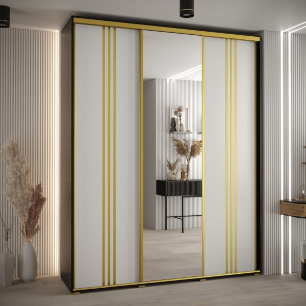 Szafa CANNES 7-190 szerokość 45cm korpus czarny, Front biały listwa złota i lustro