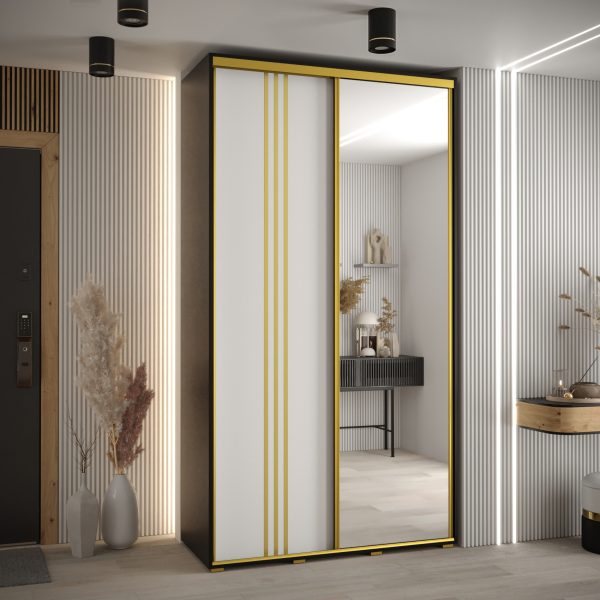 Szafa CANNES 7-140 szerokość 45cm korpus czarny, Front biały listwa złota i lustro