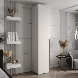 Kast met witte corpus, witte deuren en zwarte handgreep.