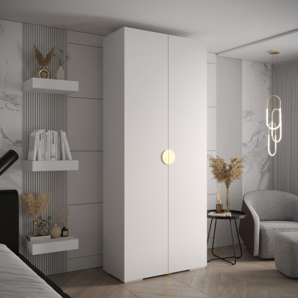 Kast met witte corpus, witte deuren en goude handgreep.