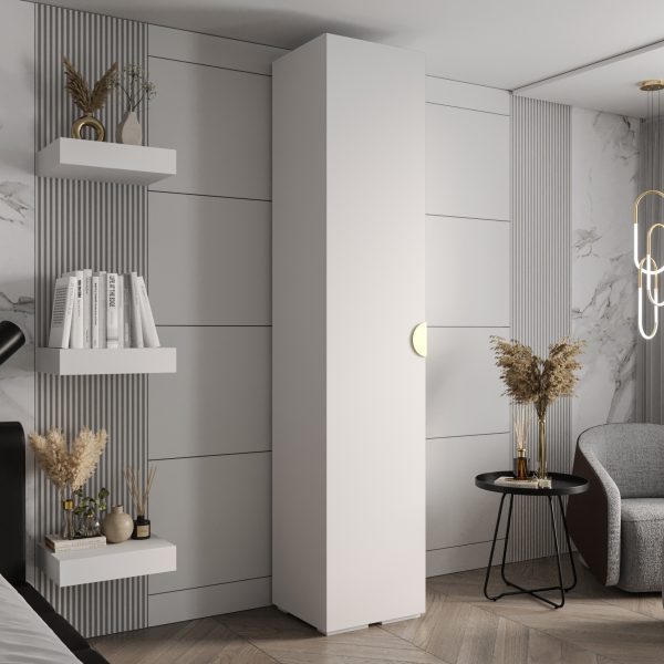 Kast met witte corpus, witte deuren en goude handgreep.