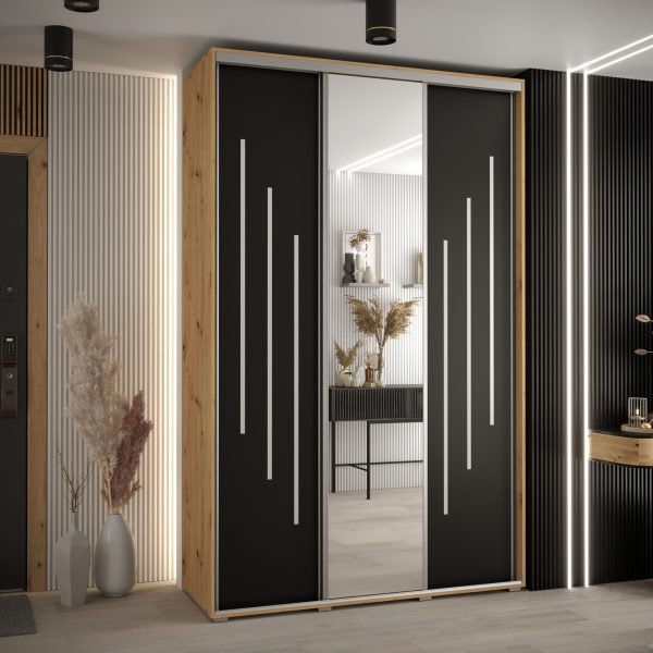 Kast CANNES 9 150 Breedte: 45 cm Korpus: artisan eiken Front: zwart Lijst: zilverkleurig