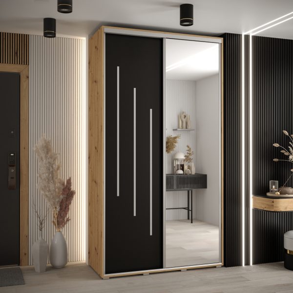 Kast CANNES 9 140 Breedte: 45 cm Korpus: artisan eiken Front: zwart Lijst: zilverkleurig