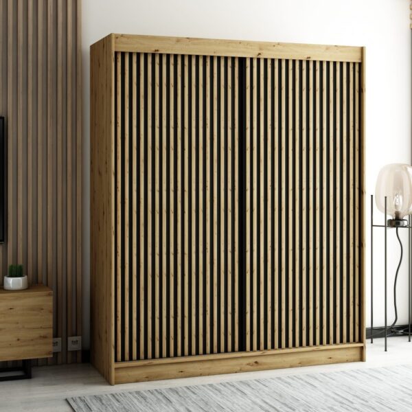 Ruime LAMELO kledingkast in loftstijl met lamellen – perfect voor de slaapkamer, woonkamer of hal, uitgevoerd in de kleur artisan eiken.