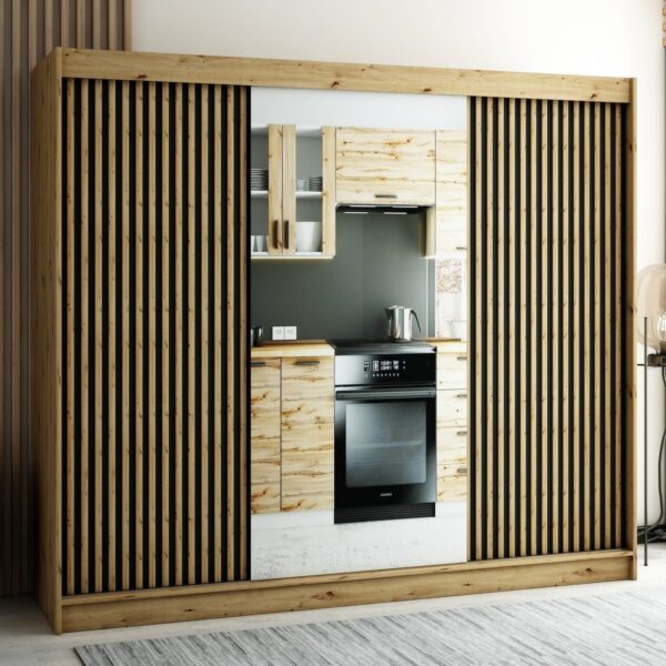 LAMELO II 250 eiken kast met lamellen en spiegel. Deze kledingkast is extreem ruim en functioneel