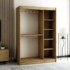 Het interieur van de LAMELO II kledingkast van 150 cm met legplanken, lades en kledingroedes voor hangers.