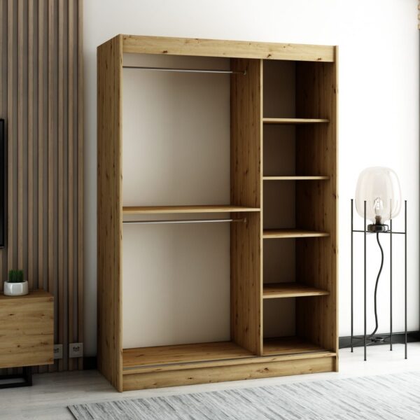 Het interieur van de LAMELO II kledingkast van 150 cm met legplanken, lades en kledingroedes voor hangers.