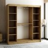 Het interieur van de LAMELO I kledingkast van 180 cm met lades, legplanken en kledingroedes voor hangers.