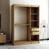 Het interieur van de LAMELO I kledingkast 150 cm met legplanken, lades en kledingroedes voor hangers.