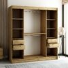 Het interieur van de kledingkast van 180 cm met lades, legplanken en kledingroedes voor hangers.