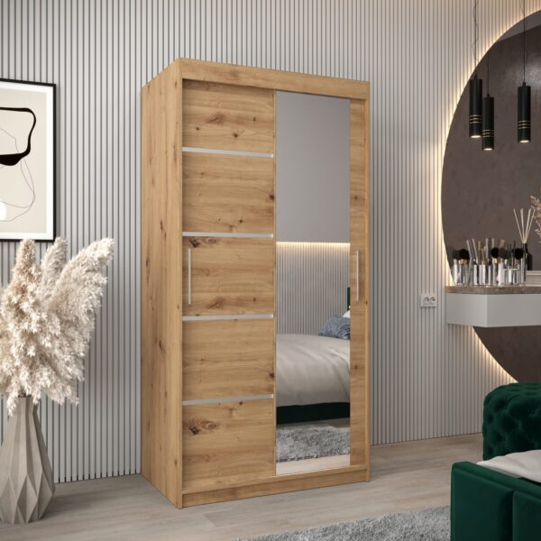 Kledingkast VITTORIA 2 100, corpus in de kleur eiken artisan, fronten eiken artisan met een zilverkleurige lijst en spiegel