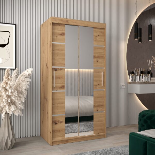 :Kledingkast VITTORIA 4 100, corpus in de kleur eiken artisan, fronten eiken artisan met een zilverkleurige lijst en spiegel