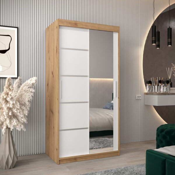 Kledingkast VITTORIA 2 100, corpus in de kleur eiken artisan, fronten wit met een zilverkleurige lijst en spiegel