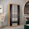 Kledingkast PURMER 1 100, romp in eiken artisan, fronten zwart met zilveren lijst en spiegel.
