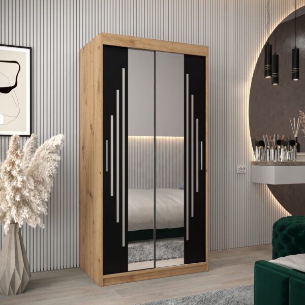 Kledingkast PURMER 1 100, romp in eiken artisan, fronten zwart met zilveren lijst en spiegel.