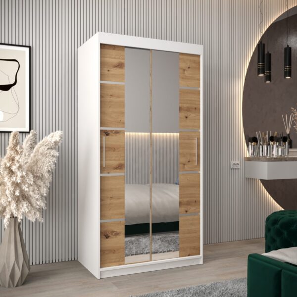 Kledingkast VITTORIA 4 100, corpus in de kleur wit, fronten eiken artisan met een zilverkleurige lijst en spiegel